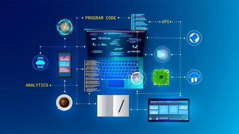 Website software. Web app. API technology. Program code. Digital mobile and Stock Illustration