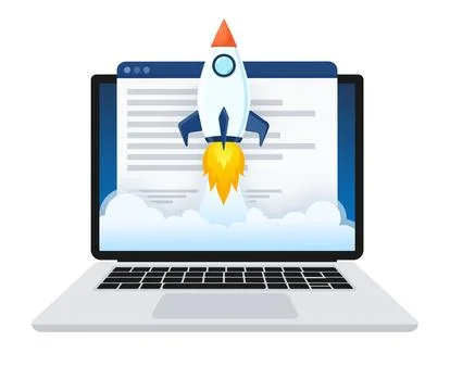 Website speed optimisation - Laptop with webpage and analytic tools on screen イラスト素材