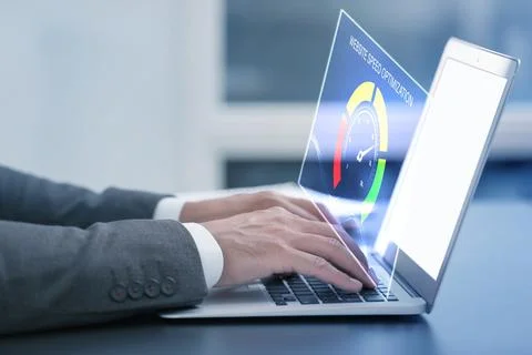 Website speed optimization. Man using laptop at table, closeup. Virtual scr.. Stock Photos