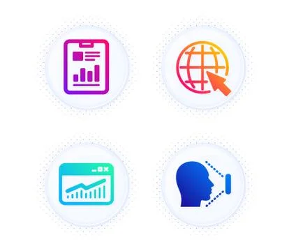 Website statistics, Internet and Report document icons set. Face id sign. Vector Illustrazione stock
