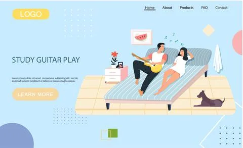 Website with study guitar play. Couple playing musical instrument. Guy sings for イラスト素材