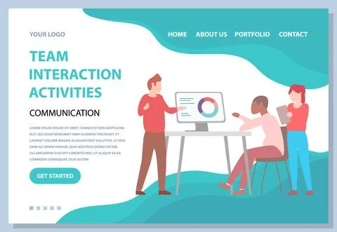 Website with team interaction activity. Colleagues discussing presentation of 스톡 일러스트