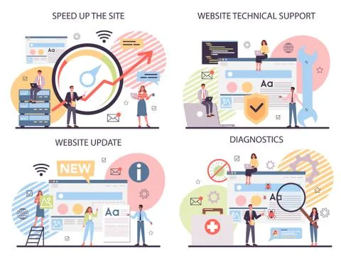 Website technical support concept set. Idea of web page diagnostic 库存插图