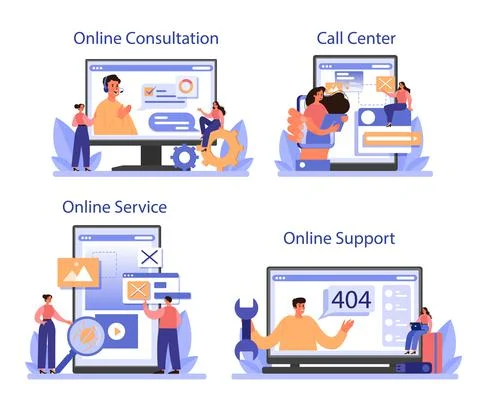 Website technical support online service or platform set. Web page Stock Illustration