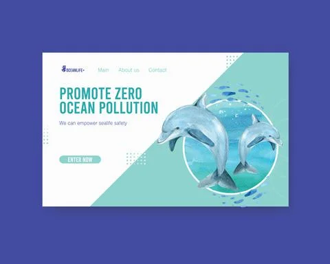 Website template design for World Oceans Day concept with marine animals wate Illustrazione stock