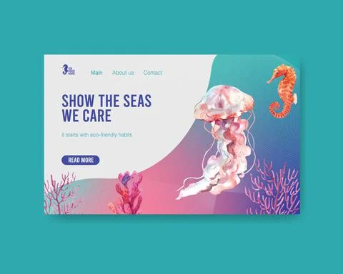 Website template design for World Oceans Day concept with marine animals wate Illustrazione stock
