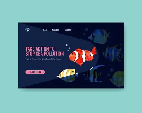 Website template design for World Oceans Day concept with marine animals wate Illustrazione stock