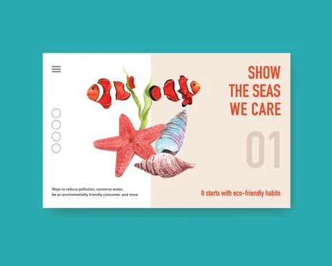 Website template design for World Oceans Day concept with marine animals wate Illustrazione stock