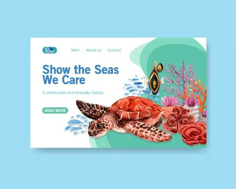 Website template design for World Oceans Day concept with marine animals wate Illustrazione stock