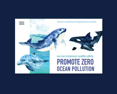Website template design for World Oceans Day concept with marine animals wate Illustrazione stock