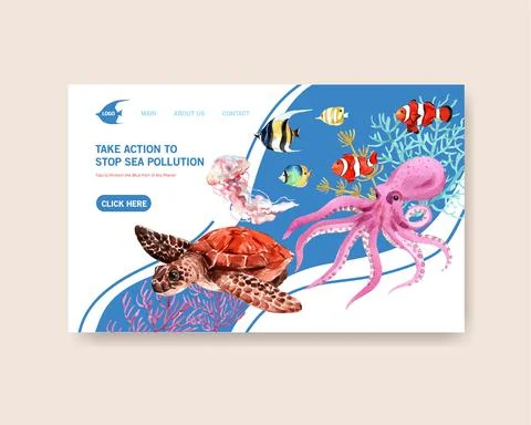 Website template design for World Oceans Day concept with marine animals wate Illustrazione stock