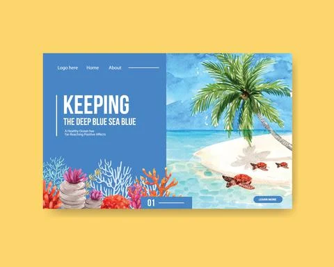 Website template design for World Oceans Day concept with marine animals wate Stock Illustration