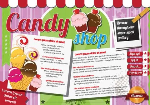 Website template elements, vintage style, candy shop Illustrazione stock