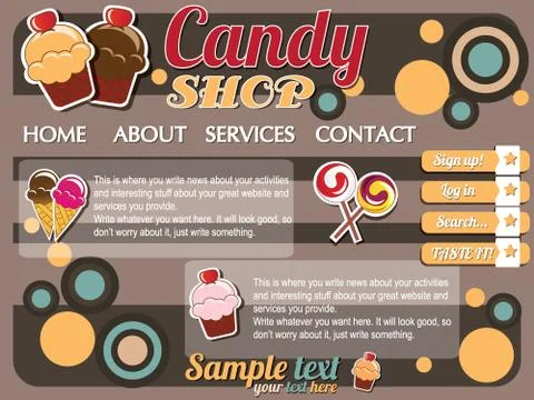 Website template elements, vintage style, candy shop 스톡 일러스트
