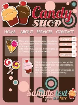 Website template elements, vintage style, candy shop Illustrazione stock