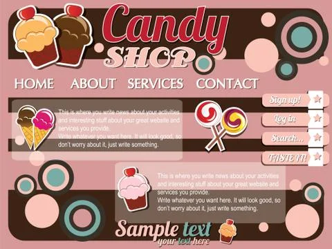Website template elements, vintage style, candy shop Stock Illustration