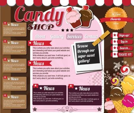 Website template elements, vintage style, candy shop Illustrazione stock