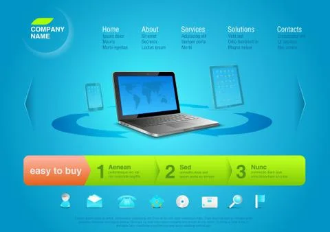 Website template: notebook with touchpad and smartphone at the back. Stock Illustration