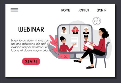 Website template for online conference educational webinar. Young woman liste Stock Illustration