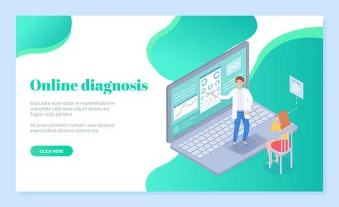 Website template for online vision diagnostics. Online visit via smartphone Stock Illustration