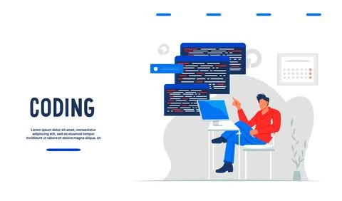 Website template for writing app code and testing computer software, flat vec Stock Illustration