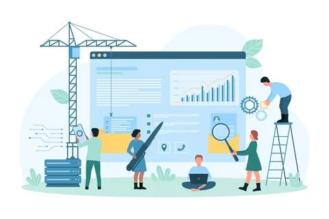 Website under construction, tiny people build new design, develop digital 스톡 일러스트