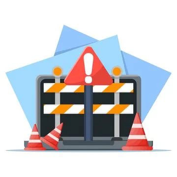 Website Under Maintenance Concept. Laptop with Repair Tools and Warning Sign. 스톡 일러스트