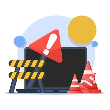 Website Under Maintenance Concept. Laptop with Repair Tools and Warning Sign. 스톡 일러스트