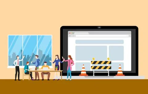 Website underconstruction concept with team people working on programming and Stock Illustration