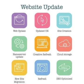 Website Update Icon Set w seo update, site creation, and name server update Stock Illustration