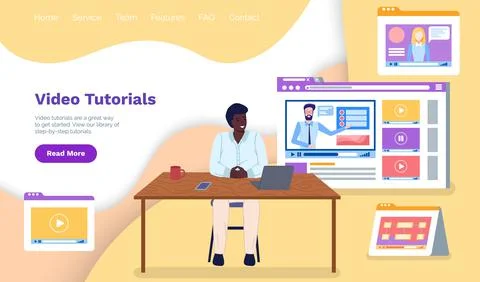 Website with video tutorials for e-learning. Man studying online using internet Illustrazione stock