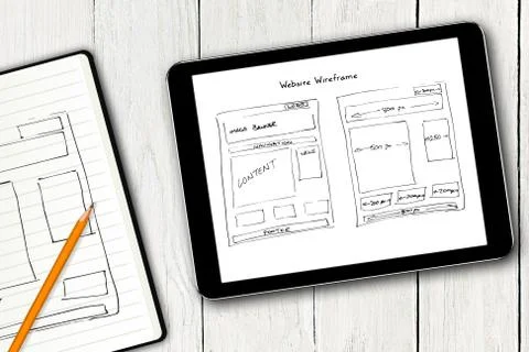Website wireframe sketch on digital tablet screen Foto stock