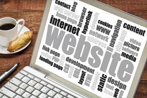  website word cloud website word cloud on a laptop screen with a cup of co... Foto stock