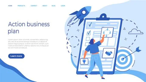 Website for working with action business plan. Businesswoman checks document on Illustrazione stock