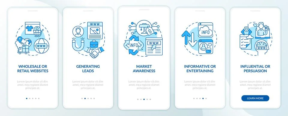 Websites classification blue onboarding mobile app screen Stock Illustration