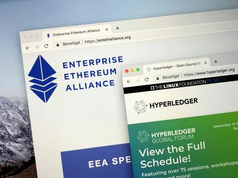 Websites of The Enterprise Ethereum Alliance or EEA and Hyperledger. Stock Photos
