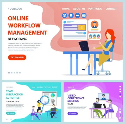 Websites for team interaction activity, online workflow management, video Stock Illustration
