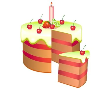 WebSlice cake with slice. Cherry cake with candle, covered with lemon glaze Illustrazione stock