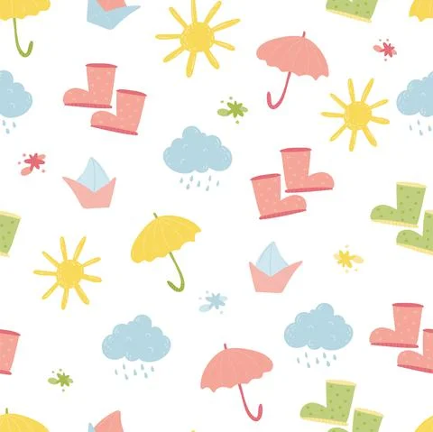 Webspring rainy day seamless pattern design with umbrella, boots, cloud, sun, Stock Illustration