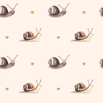 WebVector seamless pattern of snails and hearts on a beige background Stock Illustration
