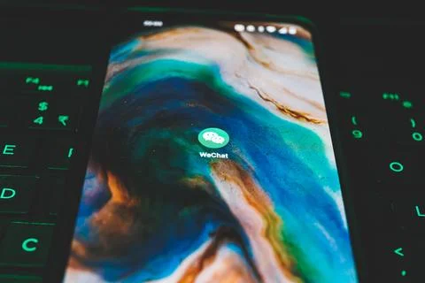Wechat app on smartphone screen. Close up shot of wechat app Stock Photos