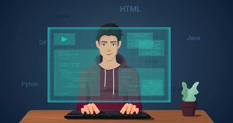 Wed Developer and Programmer Coding on Augmented Reality Screen Premium Vector Stock Illustration