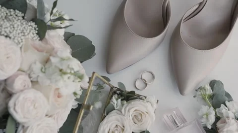 Wedding accessories of the bride on the table Video stock 306148554
