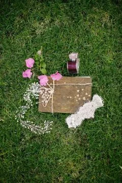 Wedding accessories. On the grass. Stock Photos