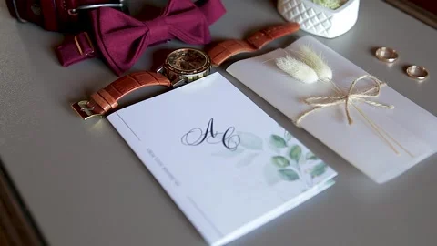 Wedding accessories, invitations, rocks, butterfly, clock. Stock Footage 250655608
