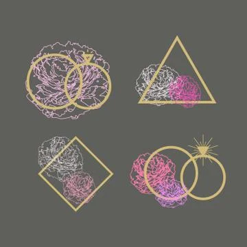 Wedding agency logo vector set. Engagement rings and peonies elements Stock Illustration