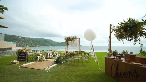 Wedding arch and rows of empty chairs. Stock Footage 156400070