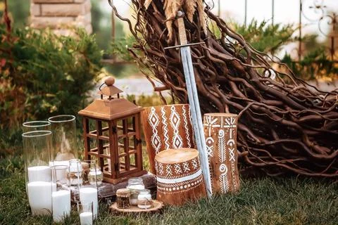 Wedding arch at the ceremony with decor Stock Photos