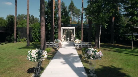 Wedding arch drone view - low, tracking, drone shot in 4K resolution Stock Footage 169500851