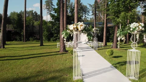 Wedding arch drone view - low, tracking, drone shot in 4K resolution Stock Footage 170566763